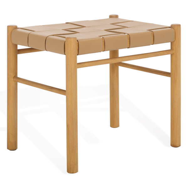 Safavieh Devnie Woven Leather Ottoman - Sophisticated Design With Solid Sungkay Wood For Stylish Living Spaces Tan ,Natural Wood ,Leather Sfv1601c