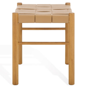 Safavieh Devnie Woven Leather Ottoman - Sophisticated Design With Solid Sungkay Wood For Stylish Living Spaces Tan ,Natural Wood ,Leather Sfv1601c