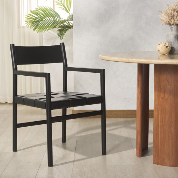 Safavieh Devnie Woven Leather Dining Chair - Elegant Design With Comfort & Quality For A Stylish Dining Space Black Wood ,Leather Sfv1602a