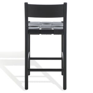 Safavieh Devnie Woven Leather Counter Stool - Elegant Solid Sungkay Wood Design For Chic Modern Interiors Black Wood ,Leather Sfv1603a