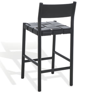 Safavieh Devnie Woven Leather Counter Stool - Elegant Solid Sungkay Wood Design For Chic Modern Interiors Black Wood ,Leather Sfv1603a