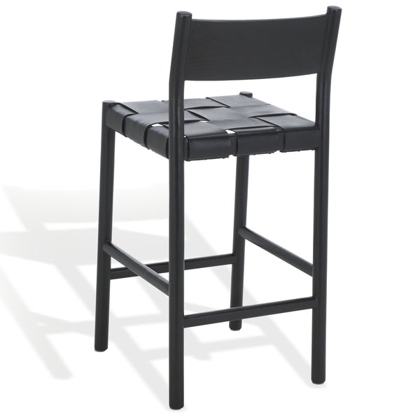 Safavieh Devnie Woven Leather Counter Stool - Elegant Solid Sungkay Wood Design For Chic Modern Interiors Black Wood ,Leather Sfv1603a