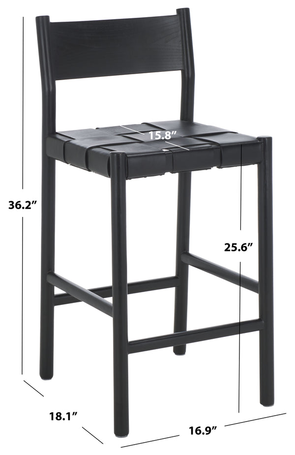 Safavieh Devnie Woven Leather Counter Stool - Elegant Solid Sungkay Wood Design For Chic Modern Interiors Black Wood ,Leather Sfv1603a
