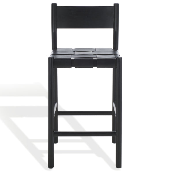 Safavieh Devnie Woven Leather Counter Stool - Elegant Solid Sungkay Wood Design For Chic Modern Interiors Black Wood ,Leather Sfv1603a