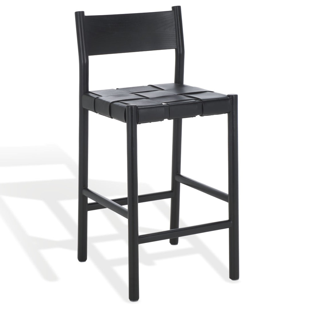 Safavieh DEVNIE Woven Leather Counter Stool – Artisan Craftsmanship Meets Modern Design for Stylish Comfort Black / Black SFV1603A