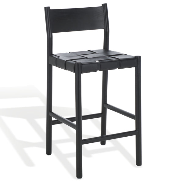 Safavieh Devnie Woven Leather Counter Stool - Elegant Solid Sungkay Wood Design For Chic Modern Interiors Black Wood ,Leather Sfv1603a