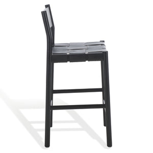 Safavieh Devnie Woven Leather Counter Stool - Elegant Solid Sungkay Wood Design For Chic Modern Interiors Black Wood ,Leather Sfv1603a