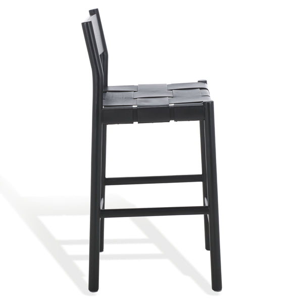 Safavieh Devnie Woven Leather Counter Stool - Elegant Solid Sungkay Wood Design For Chic Modern Interiors Black Wood ,Leather Sfv1603a