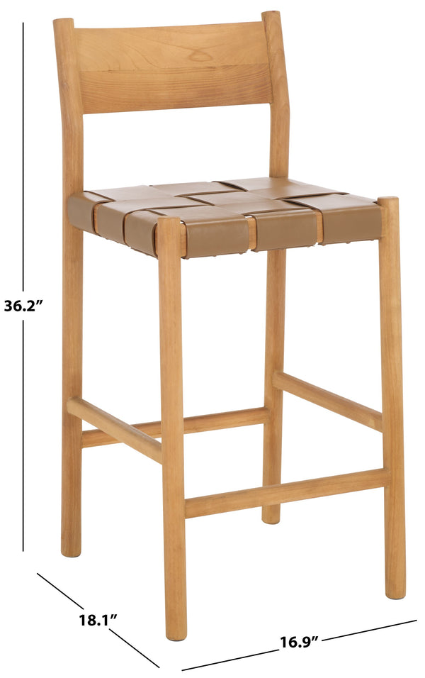 Safavieh Devnie Woven Leather Counter Stool - Elegant Solid Sungkay Wood Design For Chic Modern Interiors Brown ,Natural Wood ,Leather Sfv1603b