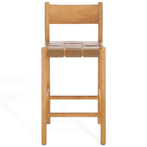 Safavieh Devnie Woven Leather Counter Stool - Elegant Solid Sungkay Wood Design For Chic Modern Interiors Brown ,Natural Wood ,Leather Sfv1603b