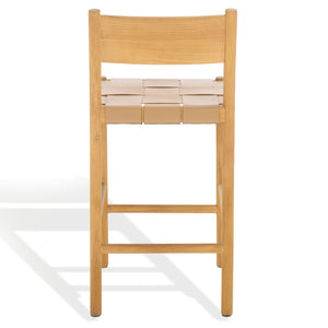 Safavieh Devnie Woven Leather Counter Stool - Elegant Solid Sungkay Wood Design For Chic Modern Interiors Tan ,Natural Wood ,Leather Sfv1603c
