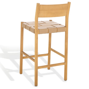 Safavieh Devnie Woven Leather Counter Stool - Elegant Solid Sungkay Wood Design For Chic Modern Interiors Tan ,Natural Wood ,Leather Sfv1603c