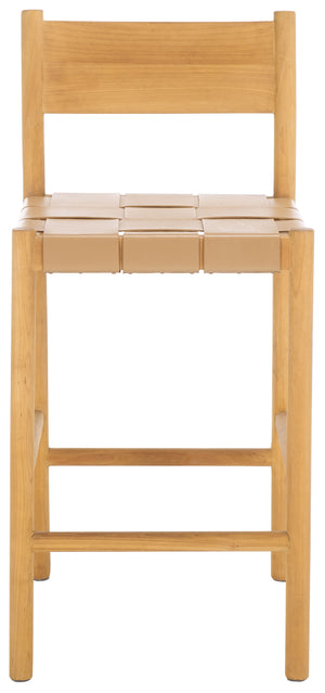 Safavieh Devnie Woven Leather Counter Stool - Elegant Solid Sungkay Wood Design For Chic Modern Interiors Tan ,Natural Wood ,Leather Sfv1603c