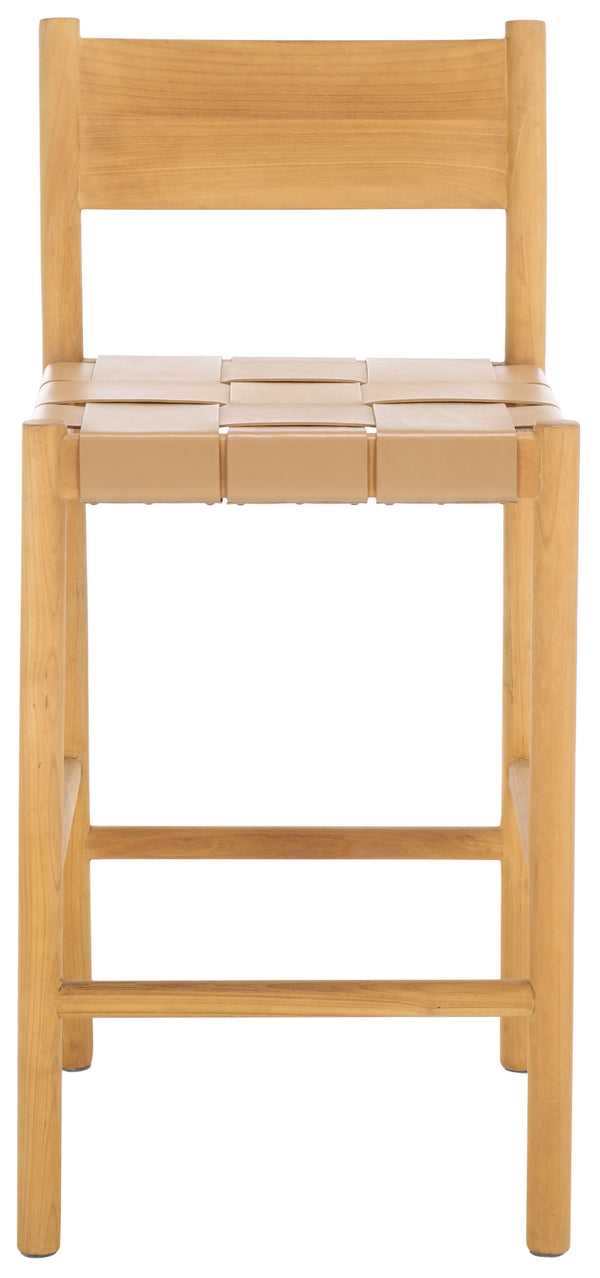 Safavieh Devnie Woven Leather Counter Stool - Elegant Solid Sungkay Wood Design For Chic Modern Interiors Tan ,Natural Wood ,Leather Sfv1603c