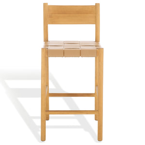 Safavieh Devnie Woven Leather Counter Stool - Elegant Solid Sungkay Wood Design For Chic Modern Interiors Tan ,Natural Wood ,Leather Sfv1603c