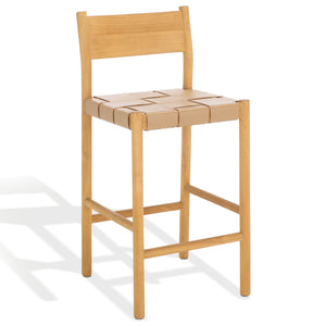 Safavieh Devnie Woven Leather Counter Stool - Elegant Solid Sungkay Wood Design For Chic Modern Interiors Tan ,Natural Wood ,Leather Sfv1603c