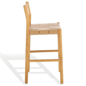 Safavieh Devnie Woven Leather Counter Stool - Elegant Solid Sungkay Wood Design For Chic Modern Interiors Tan ,Natural Wood ,Leather Sfv1603c