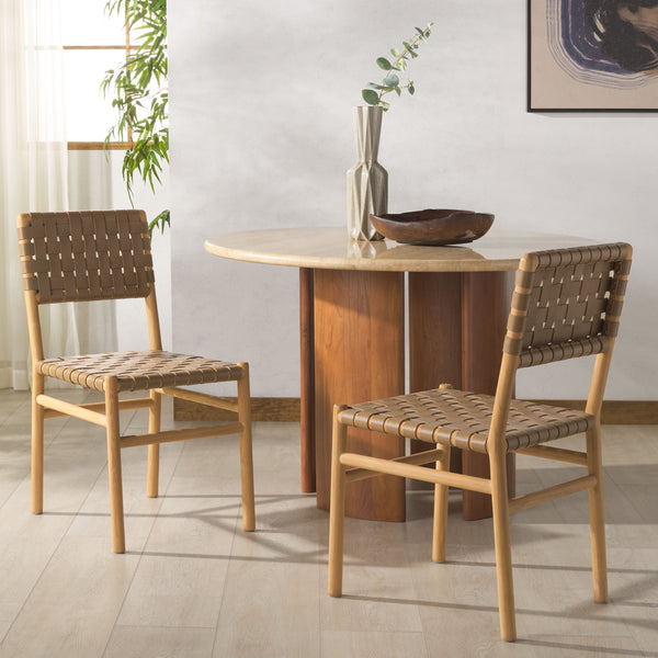 Safavieh Jeremiah Woven Leather Dining Chair - Hand-woven Top Grain Leather On Solid Sungkay Wood Base Brown ,Natural Wood ,Leather Sfv1605b-set2