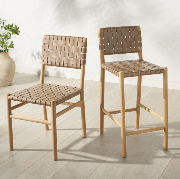 Safavieh Jeremiah Woven Leather Dining Chair - Hand-woven Top Grain Leather On Solid Sungkay Wood Base Brown ,Natural Wood ,Leather Sfv1605b-set2