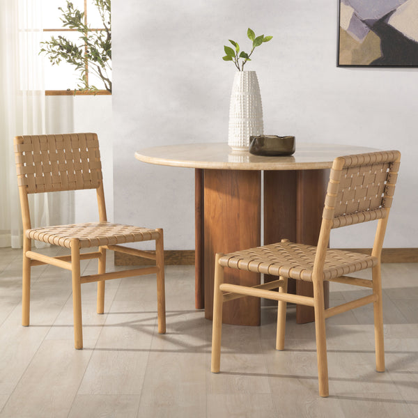 Safavieh Jeremiah Woven Leather Dining Chair - Hand-woven Top Grain Leather On Solid Sungkay Wood Base Tan ,Natural Wood ,Leather Sfv1605c-set2