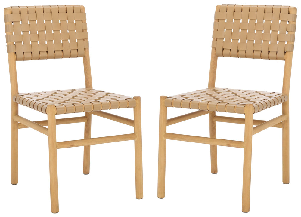 Safavieh Jeremiah Woven Leather Dining Chair - Hand-woven Top Grain Leather On Solid Sungkay Wood Base Tan ,Natural Wood ,Leather Sfv1605c-set2