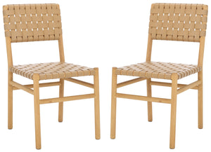 Safavieh Jeremiah Woven Leather Dining Chair - Hand-woven Top Grain Leather On Solid Sungkay Wood Base Tan ,Natural Wood ,Leather Sfv1605c-set2