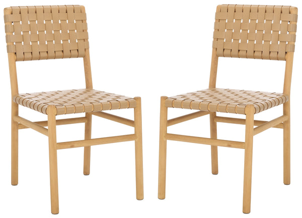 Safavieh Jeremiah Woven Leather Dining Chair - Hand-woven Top Grain Leather On Solid Sungkay Wood Base Tan ,Natural Wood ,Leather Sfv1605c-set2