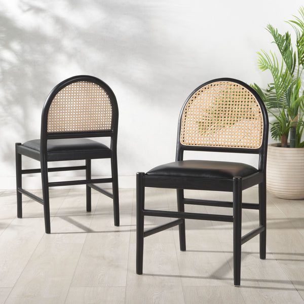 Safavieh Laylie Rattan And Leather Dining Chair - Chic Comfort Meets Sophisticated Design For Your Space Black Wood ,Leather ,Rattan Sfv1607a-set2