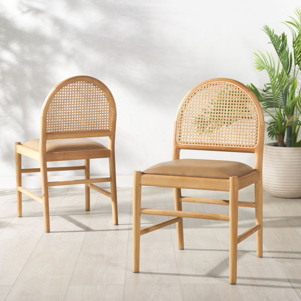 Safavieh Laylie Rattan And Leather Dining Chair - Chic Comfort Meets Sophisticated Design For Your Space Brown ,Natural Wood ,Leather ,Rattan Sfv1607b-set2