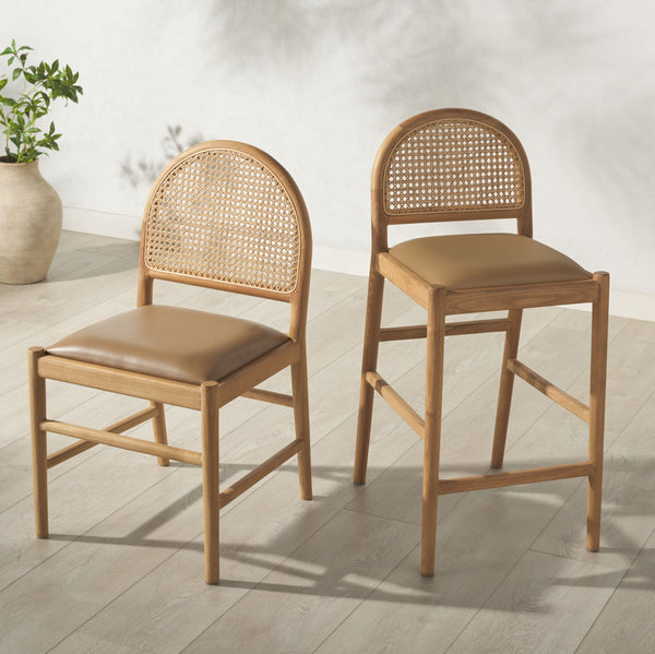 Safavieh Laylie Rattan And Leather Counter Stool - Elegant Sungkay Wood Design For Chic Kitchen Spaces Brown ,Natural Wood ,Leather ,Rattan Sfv1608b