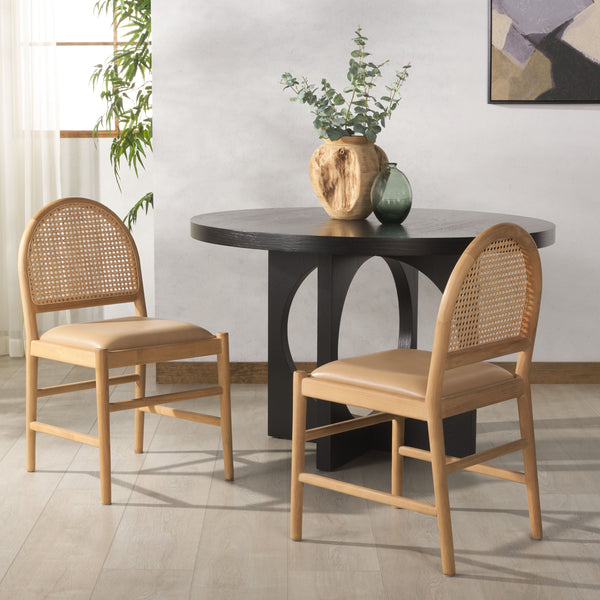 Safavieh Laylie Rattan And Leather Dining Chair - Chic Comfort Meets Sophisticated Design For Your Space Tan ,Natural Wood ,Leather ,Rattan Sfv1607c-set2