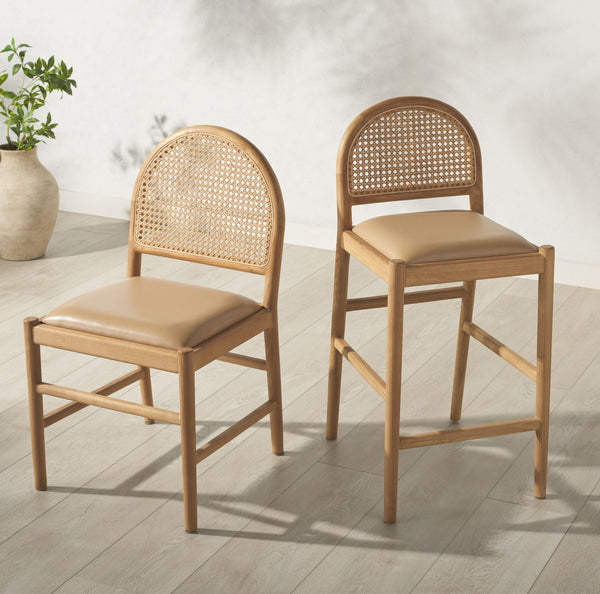 Safavieh Laylie Rattan And Leather Counter Stool - Elegant Sungkay Wood Design For Chic Kitchen Spaces Tan ,Natural Wood ,Leather ,Rattan Sfv1608c