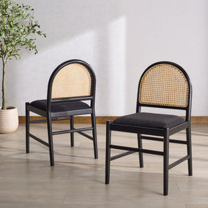 Laylie Rattan And Boucle Dining Chair Set Of 2 With Solid Wood Frame, Ergonomic Foam Seat, Sleek All‑Black Finish