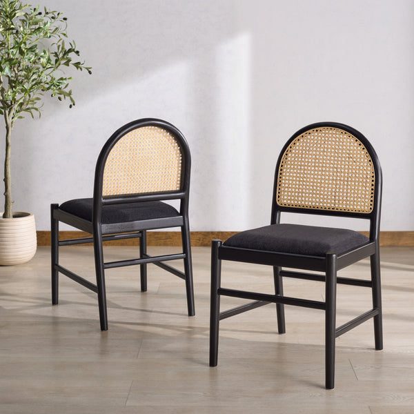 Laylie Rattan And Boucle Dining Chair Set Of 2 With Solid Wood Frame, Ergonomic Foam Seat, Sleek All‑Black Finish
