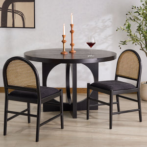 Laylie Rattan And Boucle Dining Chair Set Of 2 With Solid Wood Frame, Ergonomic Foam Seat, Sleek All‑Black Finish