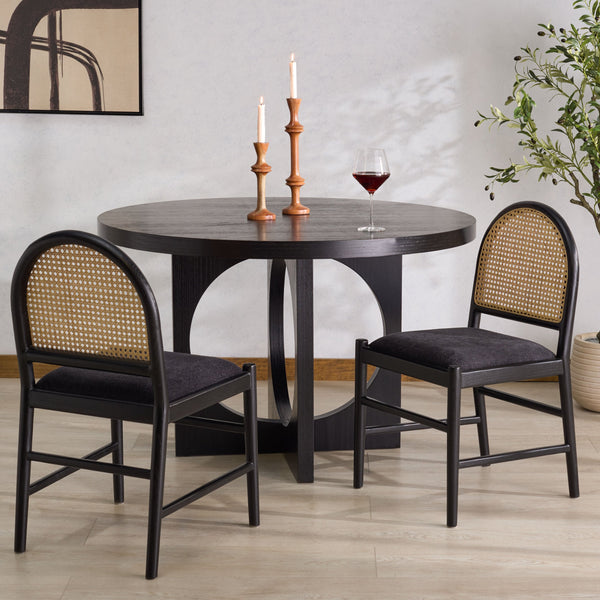 Laylie Rattan And Boucle Dining Chair Set Of 2 With Solid Wood Frame, Ergonomic Foam Seat, Sleek All‑Black Finish