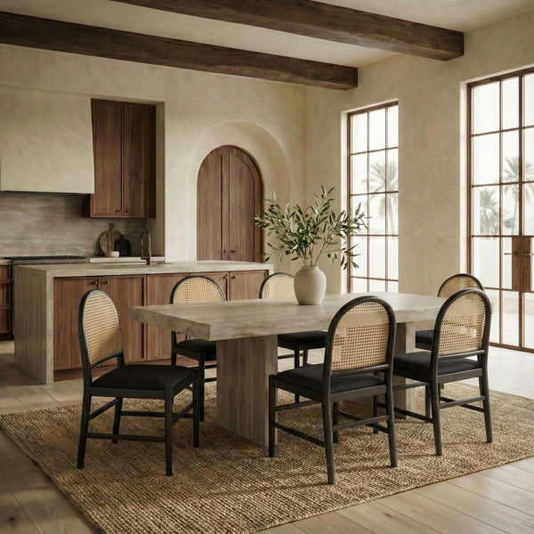 Laylie Rattan And Boucle Dining Chair Set Of 2 With Solid Wood Frame, Ergonomic Foam Seat, Sleek All‑Black Finish
