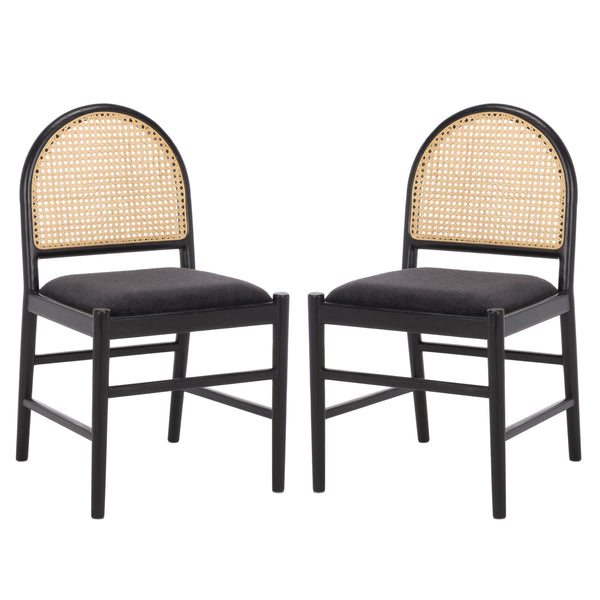 Laylie Rattan And Boucle Dining Chair Set Of 2 With Solid Wood Frame, Ergonomic Foam Seat, Sleek All‑Black Finish