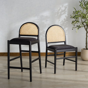 Laylie Rattan And Boucle Dining Chair Set Of 2 With Solid Wood Frame, Ergonomic Foam Seat, Sleek All‑Black Finish