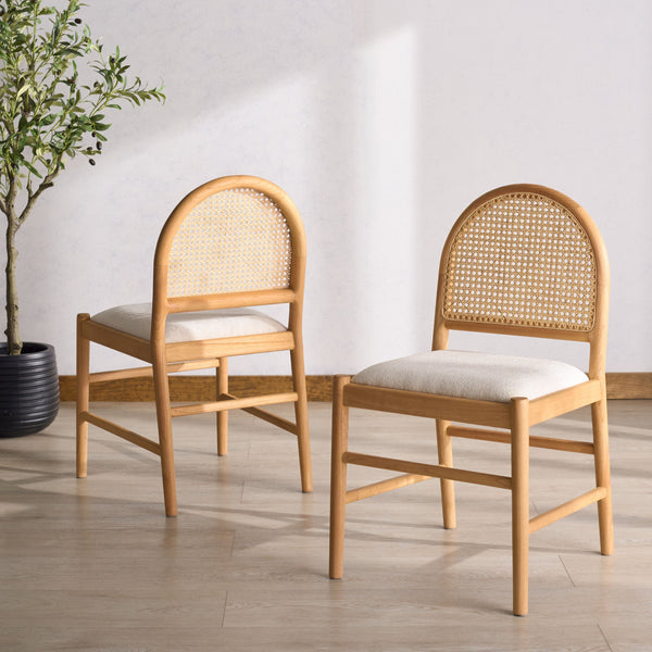Laylie Rattan And Boucle Dining Chair Set Of 2 With Solid Wood Frame, Ergonomic Foam Seat, Sleek All‑Black Finish