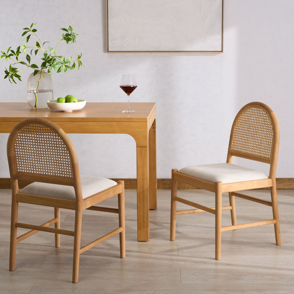 Laylie Rattan And Boucle Dining Chair Set Of 2 With Solid Wood Frame, Ergonomic Foam Seat, Sleek All‑Black Finish
