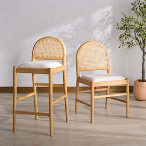 Laylie Rattan And Boucle Dining Chair Set Of 2 With Solid Wood Frame, Ergonomic Foam Seat, Sleek All‑Black Finish