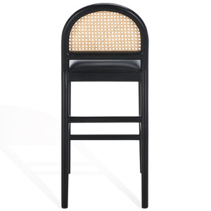 Safavieh Laylie Rattan And Leather Counter Stool - Elegant Sungkay Wood Design For Chic Kitchen Spaces Black Wood ,Leather ,Rattan Sfv1608a