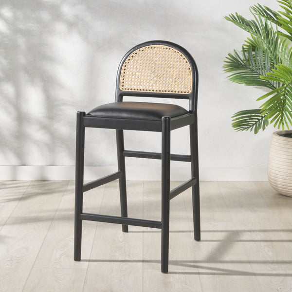 Safavieh Laylie Rattan And Leather Counter Stool - Elegant Sungkay Wood Design For Chic Kitchen Spaces Black Wood ,Leather ,Rattan Sfv1608a