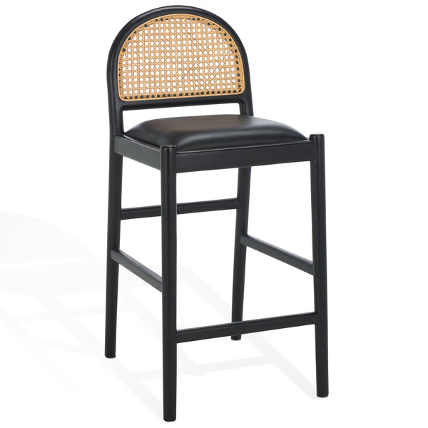Safavieh Laylie Rattan And Leather Counter Stool - Elegant Sungkay Wood Design For Chic Kitchen Spaces Black Wood ,Leather ,Rattan Sfv1608a