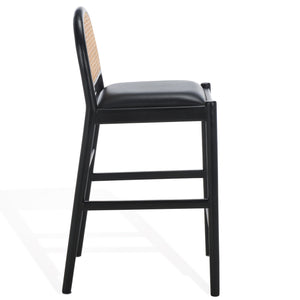 Safavieh Laylie Rattan And Leather Counter Stool - Elegant Sungkay Wood Design For Chic Kitchen Spaces Black Wood ,Leather ,Rattan Sfv1608a