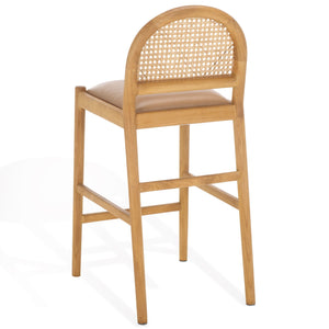 Safavieh Laylie Rattan And Leather Counter Stool - Elegant Sungkay Wood Design For Chic Kitchen Spaces Brown ,Natural Wood ,Leather ,Rattan Sfv1608b