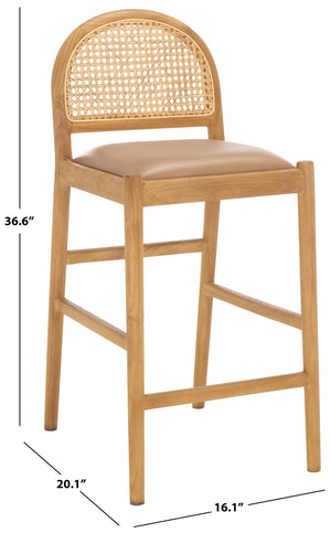 Safavieh Laylie Rattan And Leather Counter Stool - Elegant Sungkay Wood Design For Chic Kitchen Spaces Brown ,Natural Wood ,Leather ,Rattan Sfv1608b