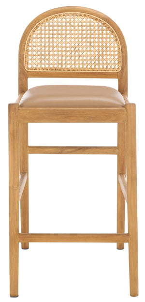 Safavieh Laylie Rattan And Leather Counter Stool - Elegant Sungkay Wood Design For Chic Kitchen Spaces Brown ,Natural Wood ,Leather ,Rattan Sfv1608b