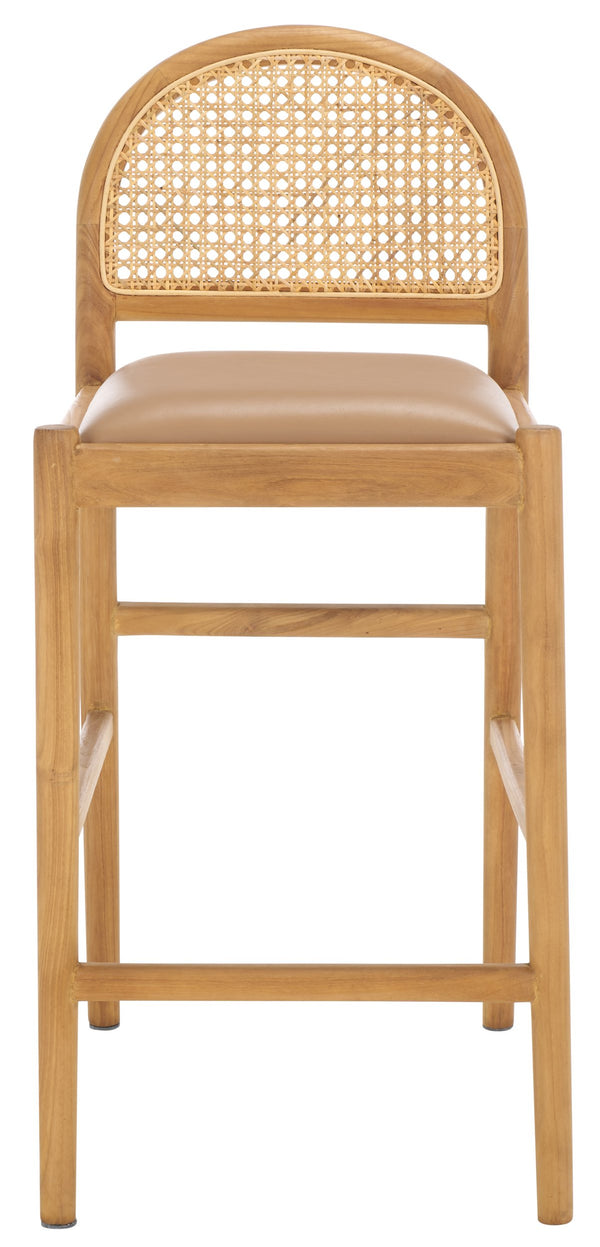 Safavieh Laylie Rattan And Leather Counter Stool - Elegant Sungkay Wood Design For Chic Kitchen Spaces Brown ,Natural Wood ,Leather ,Rattan Sfv1608b